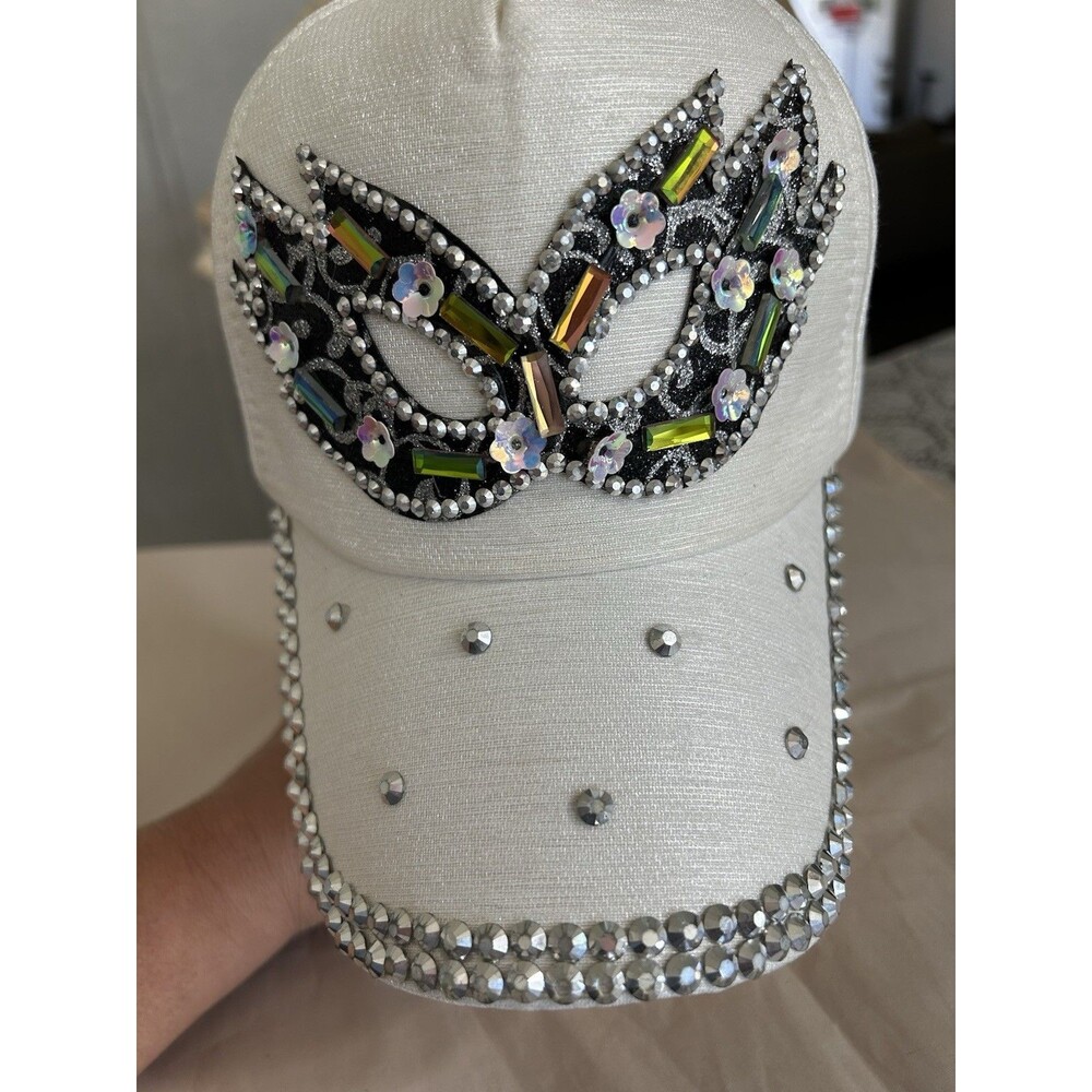 Women’s White Cap Embellished with rhinestones and a mask design